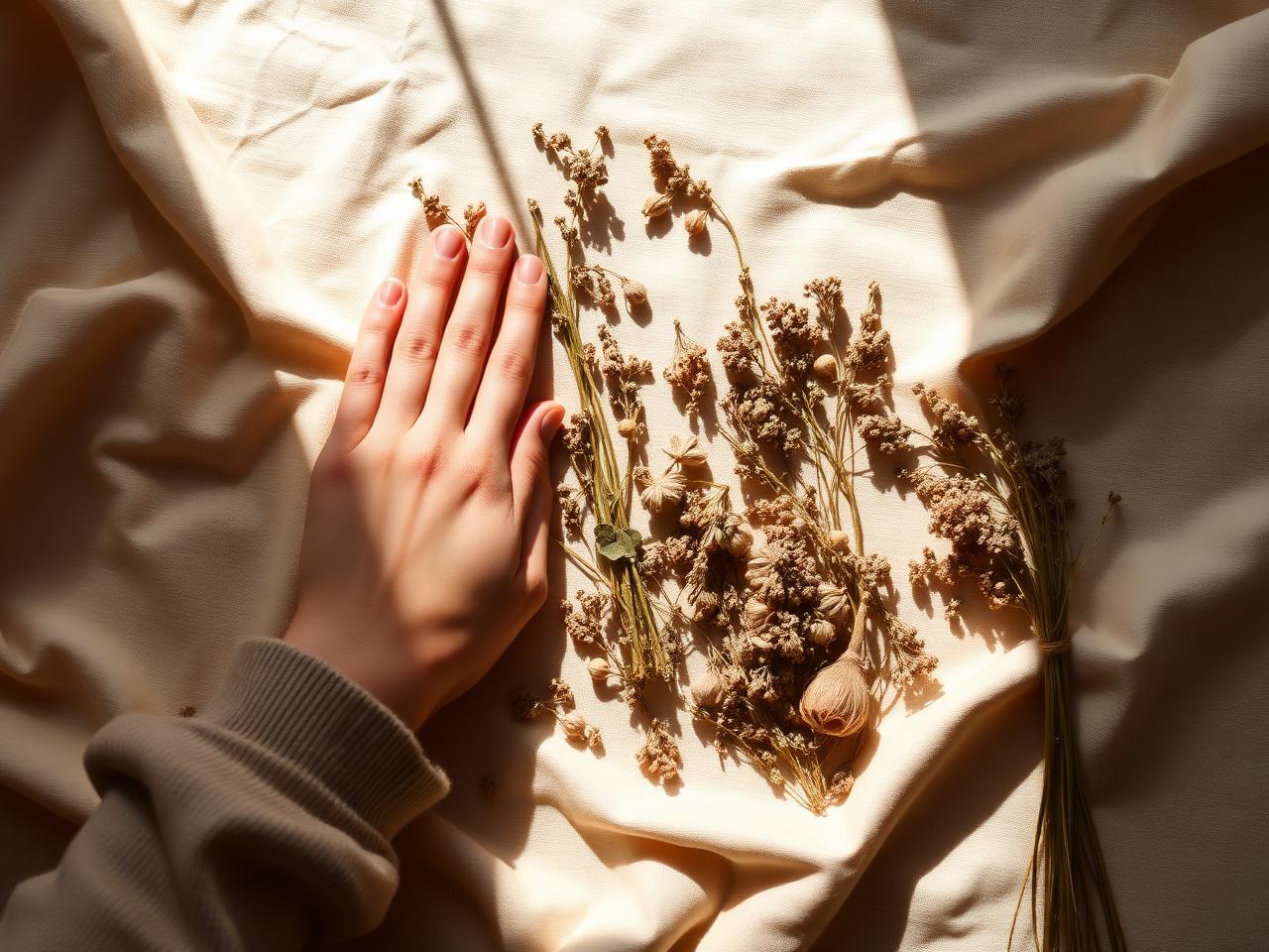 Hand resting on linen beside dried botanicals